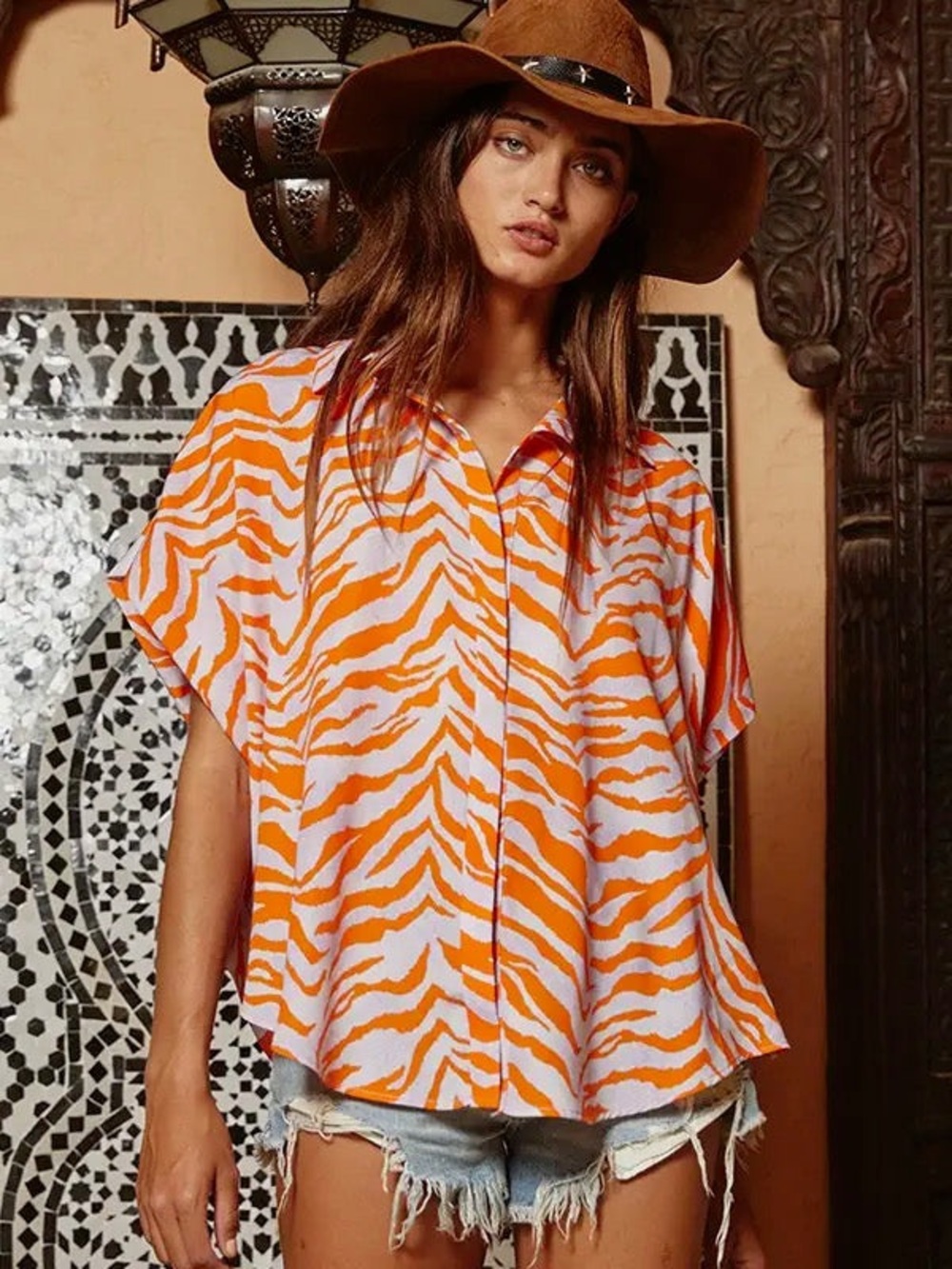 BUCKETLIST Orange & White Zebra-Print Button Down Shirt